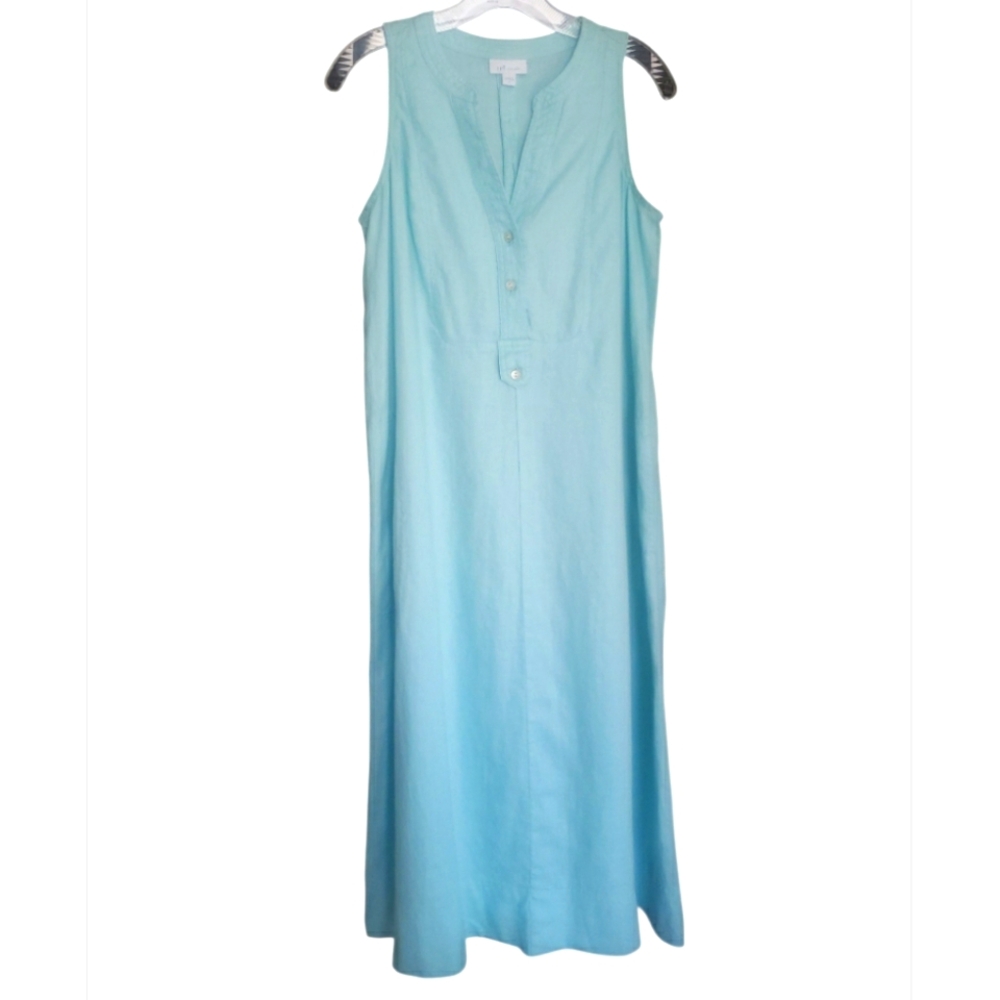 J.jill Love Linen 100% Linen Sleeveless Midi Shift Dress Light Pastel Blue VNeck - Picture 3 of 17